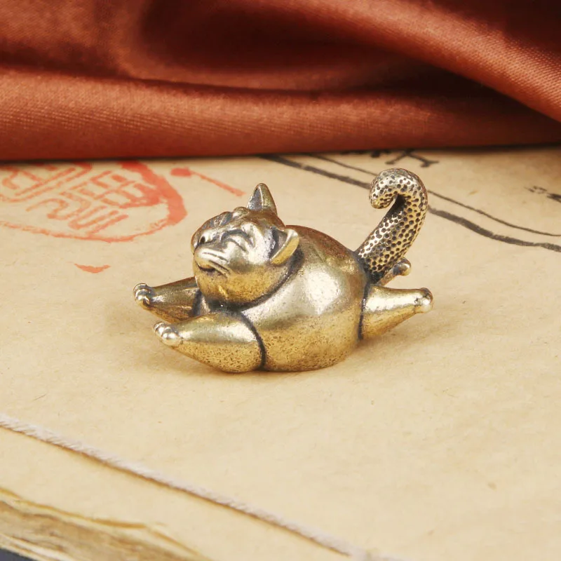 Brass Garfield Desktop Ornament Cute Kitten Bronze Sculpture Craft Fun Home Decoration Cat Tea Pet