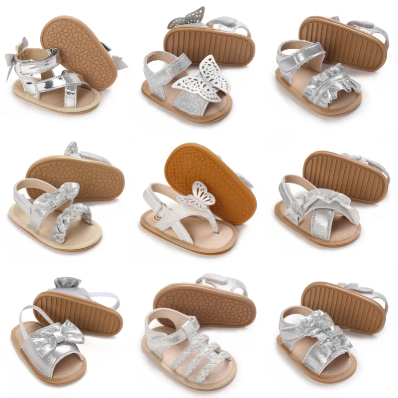 Silver Summer 0-18M Women's Baby Sandals Bow High Quality Soft Bottom Anti Slip Breathable First Walking Shoes