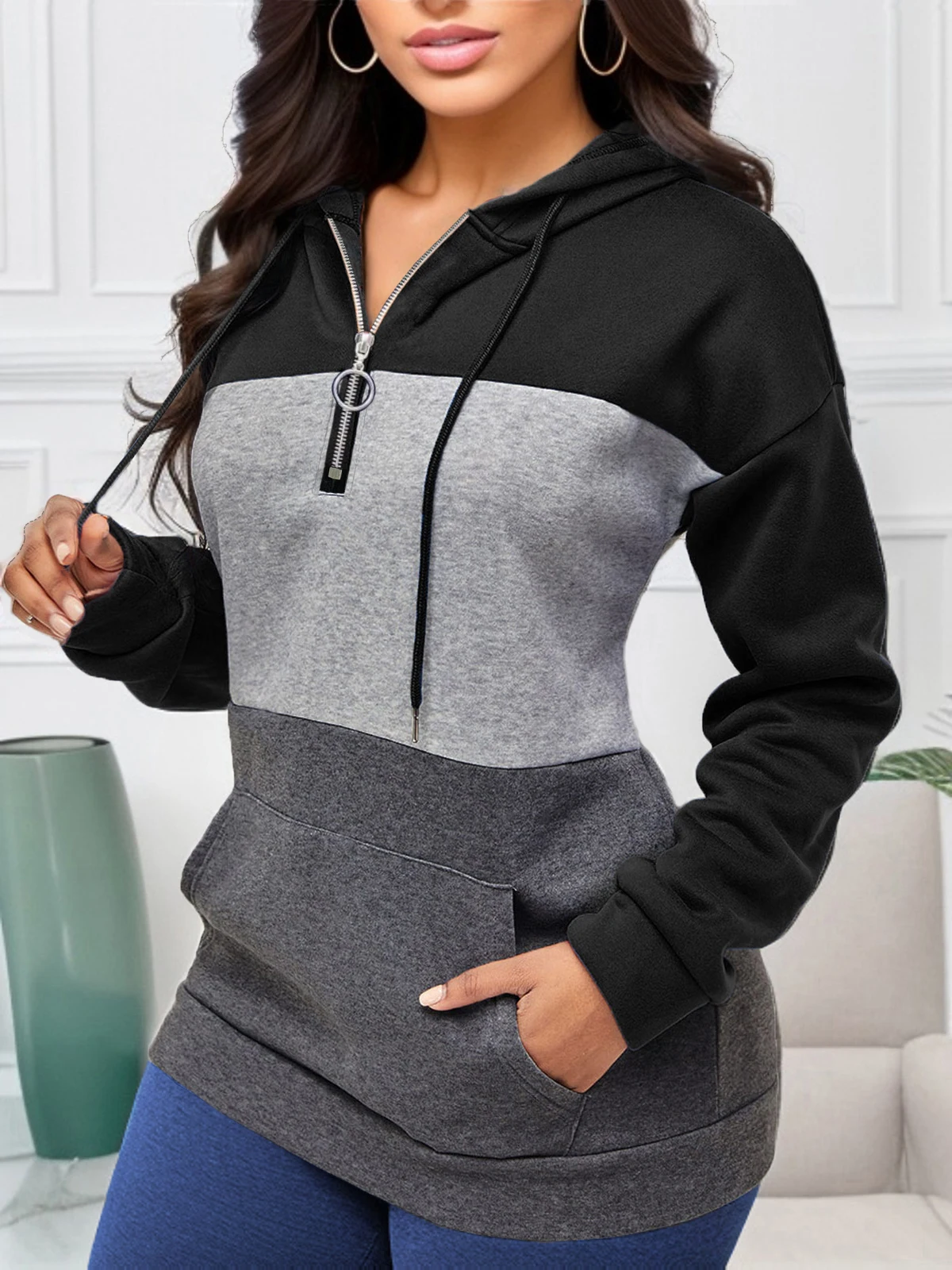 New autumn and winter long-sleeved contrast color stitching hooded zipper drawstring pullover sweatshirt