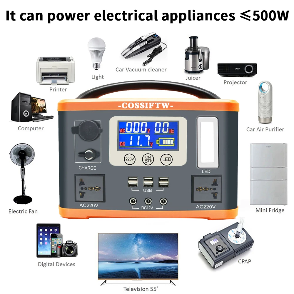 500W Portable Power Bank Solar Generator Volt AC Energy Storage Supply Outdoor Camping Solar Power Energy System Stand Fan andTV