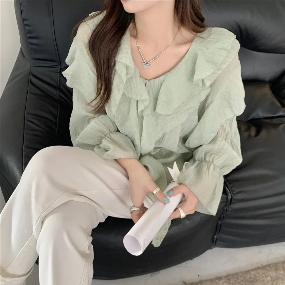 Puff Sleeve Blouse Women Ruffles Chic Solid All-match Korean Fashion Simple Sweet V-neck Streetwear Harajuku Spring Popular Ins