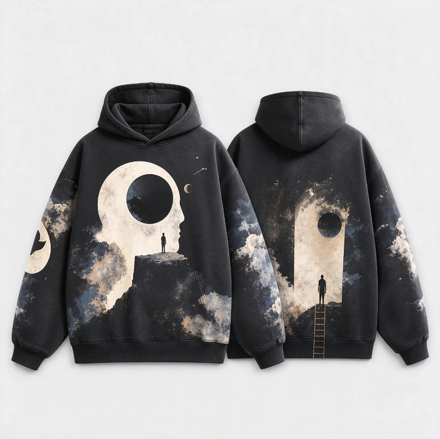 Casual Abstract Art Hoodie Men Women Moon Landscape Print Oversized Streetwear Long Sleeve Pullover Sweatshirt Top