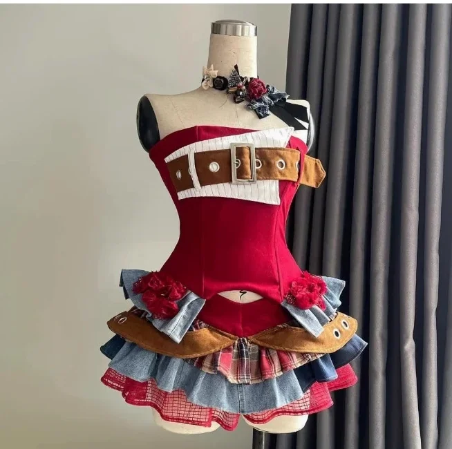 甘いクールスパイシーな女の子セクシーなミニスカート + デニムステッチチューブトップ 2 点セット夏の新しいサブカルチャーパンク Y2k レディース衣装