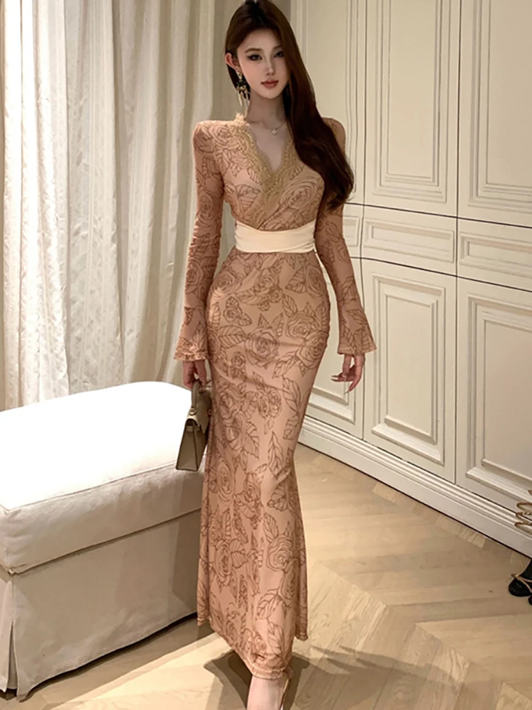 Women Floral Mesh Chic Lace V-Neck Sexy Long Dress Autumn Winter Elegant Bandage Dress 2026 Korean Vintage Luxury Evening Dress