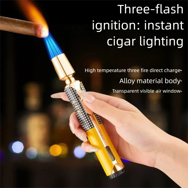 

Three-direct blue flame lighter visible vent lighter cigar portable long strip alloy windproof cigarette lighting tool men gift
