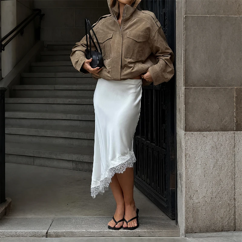Elegant Satin Irregular Long Skirt For Women White Lace Patchwork Loose Skirts 2025 Autumn Winter Basic Party Maxi Vestidos