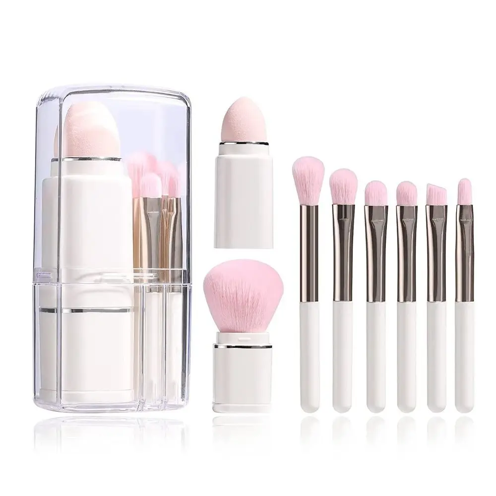 Portable 8 in1 Mini Makeup Brush Set Square Kabuki Blending Cosmetic Brush Highlighter Powder Puff Telescopic Makeup Brush Women