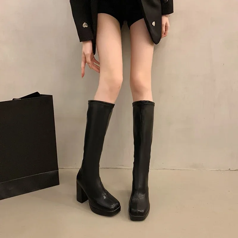 

Women Punk Style Autumn Winter Chunky Platform High Boot Party Shoes Ladies Black Thick Heels Elastic Knee High Boots Booties C