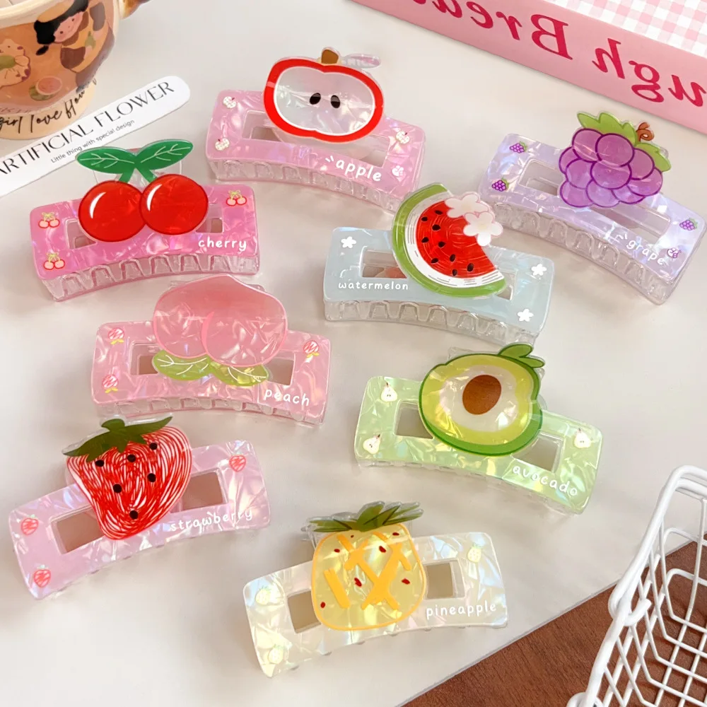 1pc Summer fresh sweet square acrylic fruit hair claw, apple strawberry cherry pineapple avocado peach print shark clip