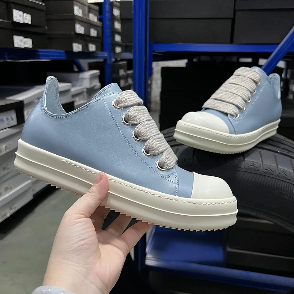 

Casual Shoe Men Low Top Quality Light Bule Leather Jumbo Lace Up Thick Sole Luxury Ro Trainer Designer Black Women Flat Sneakers