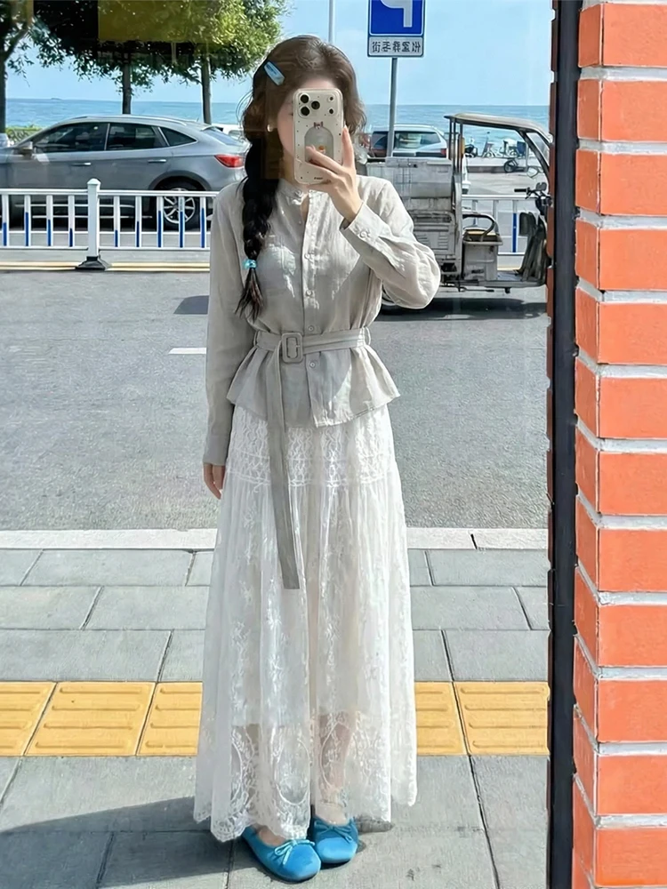 

Korean Design round Ne Long Sve irt Women's White Skirt Faion Set Spring Summer Outfit Two Pieces Ensemble