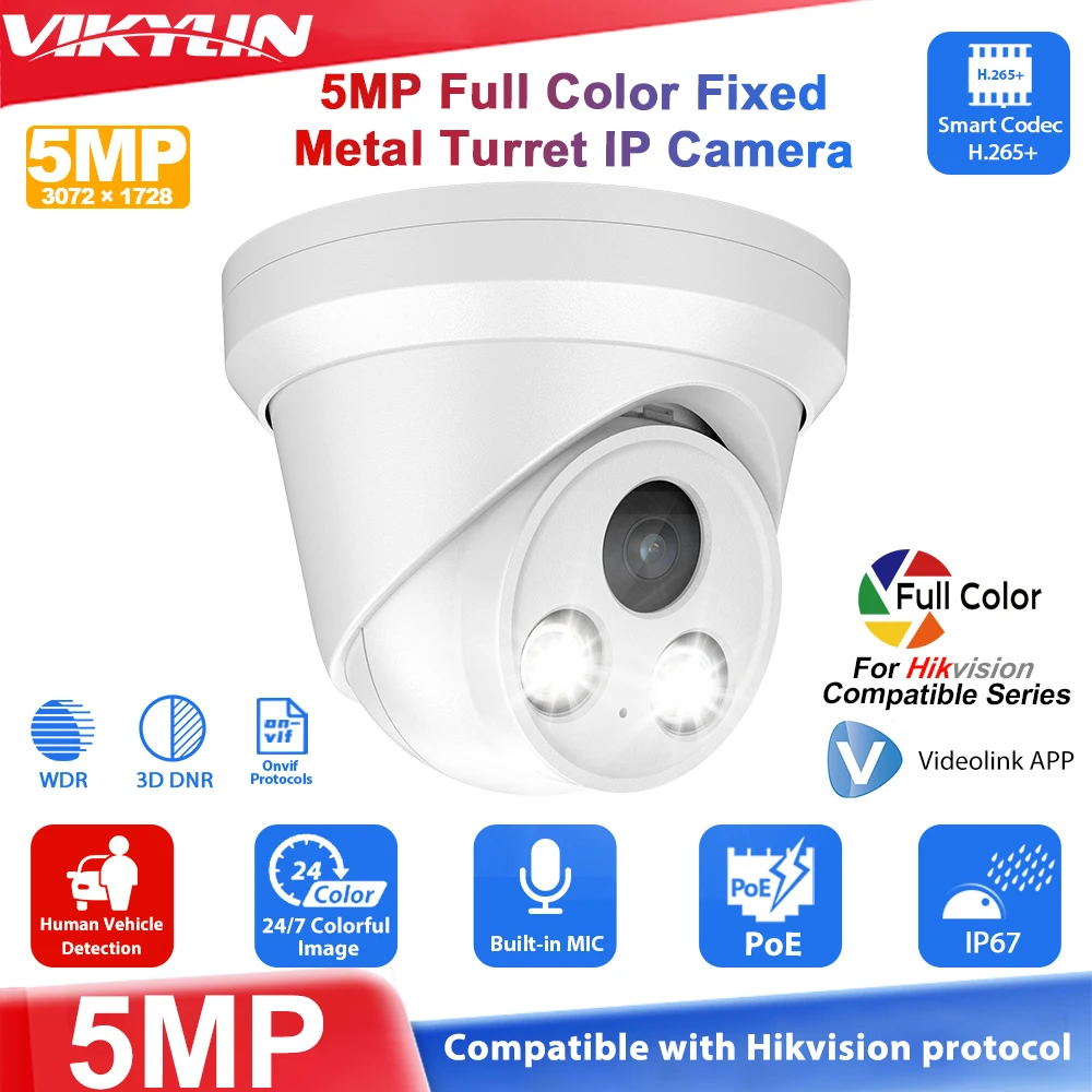 Vikylin 5MP Security IP Camera For Hikvision Compatible Full Color Night Vision ColorVu POE Surveillance Cam IP67 Turret Outdoor