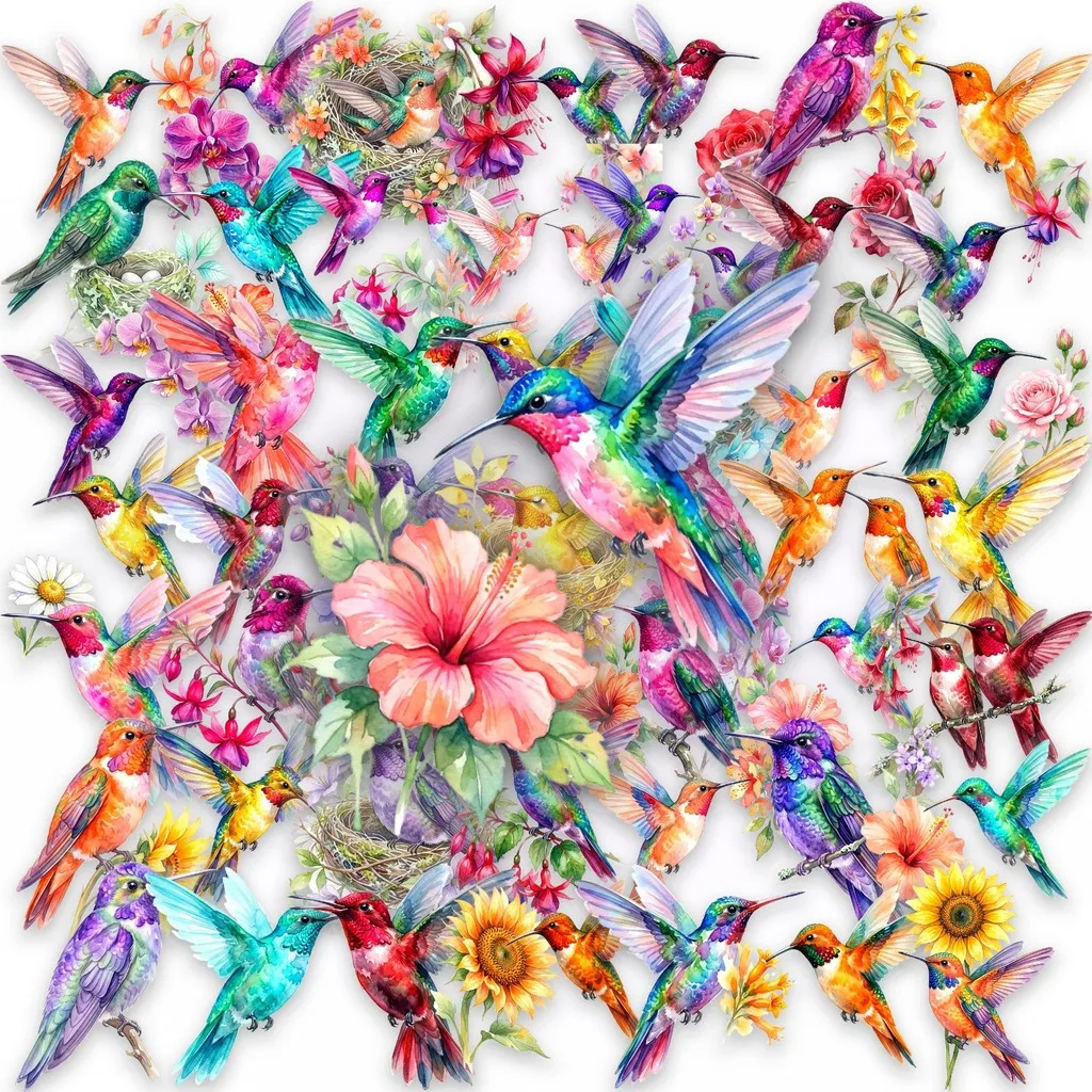 

50Pcs Watercolor Hummingbird Floral PET Stickers Clear Base Fresh Flower Bird Decals For Journal DIY Decor AnimeWorlds Store
