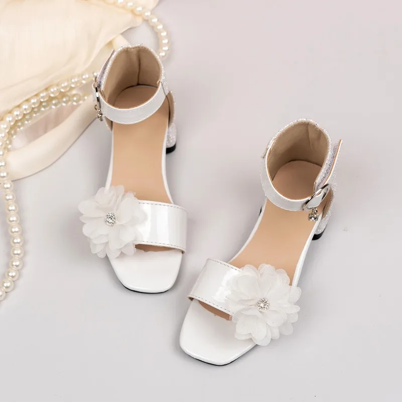 New Girls Sandals Summer Elegant Flower Sequins Children Fashion Princess Dress Sandals with Heels Wedding Party Kids Sandals