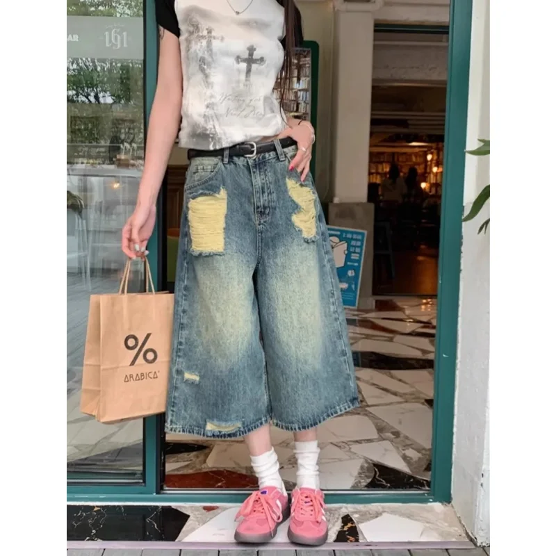 Women's Short Summer Hip Hop High Waist Jeans Y2K Straight Calf-Length Pants Trousers Streetwear Vintage Wide Leg Denim Shorts