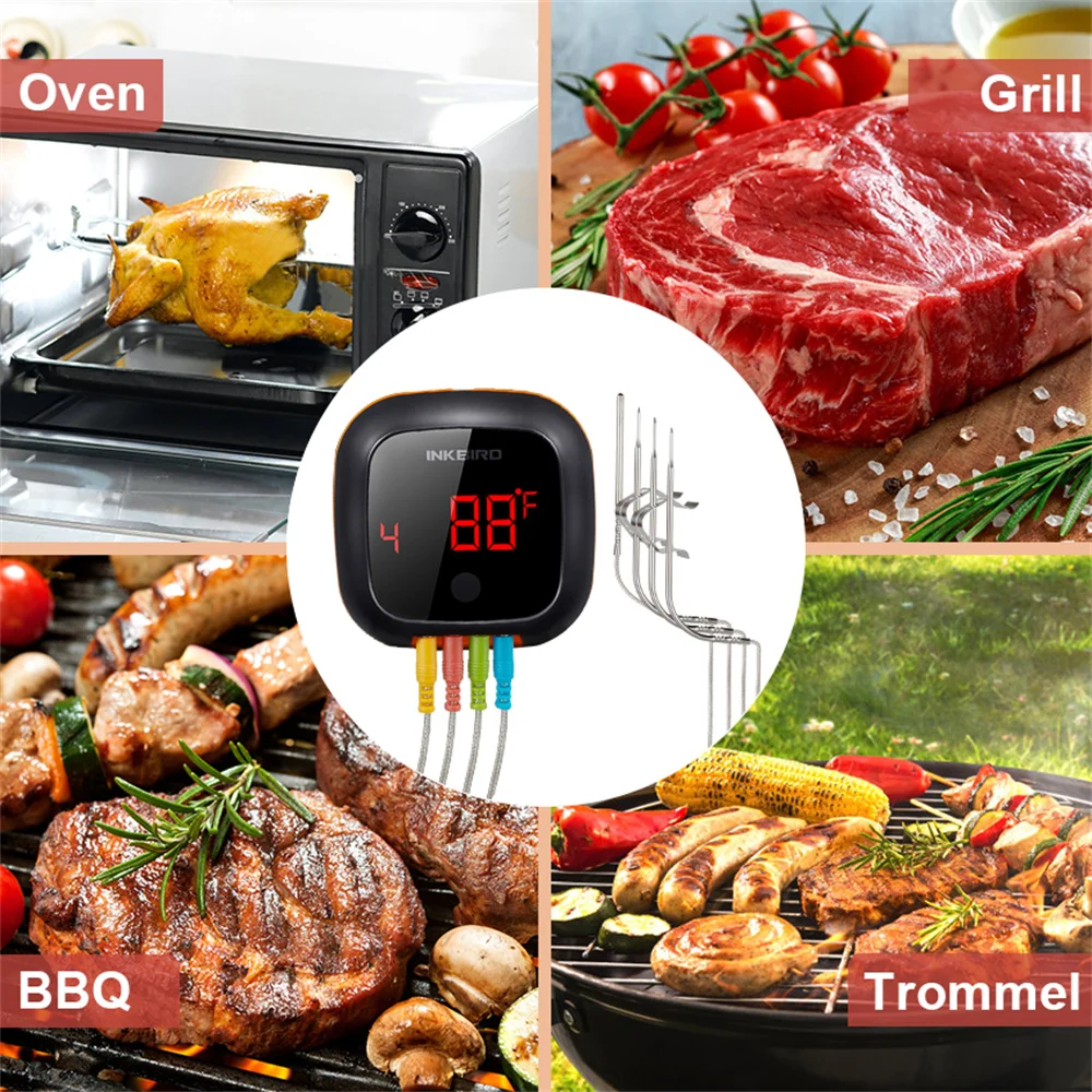 INKBIRD Digital BBQ Cooking Oven Thermometer 50 Meters Bluetooth Range IBT-4XS With 1000mAh Li-Battery Timer Meat Colorful Probe