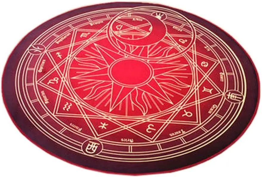 Red Astrology Star Chart Round Rug Golden Zodiac Symbols for Mystical Decor