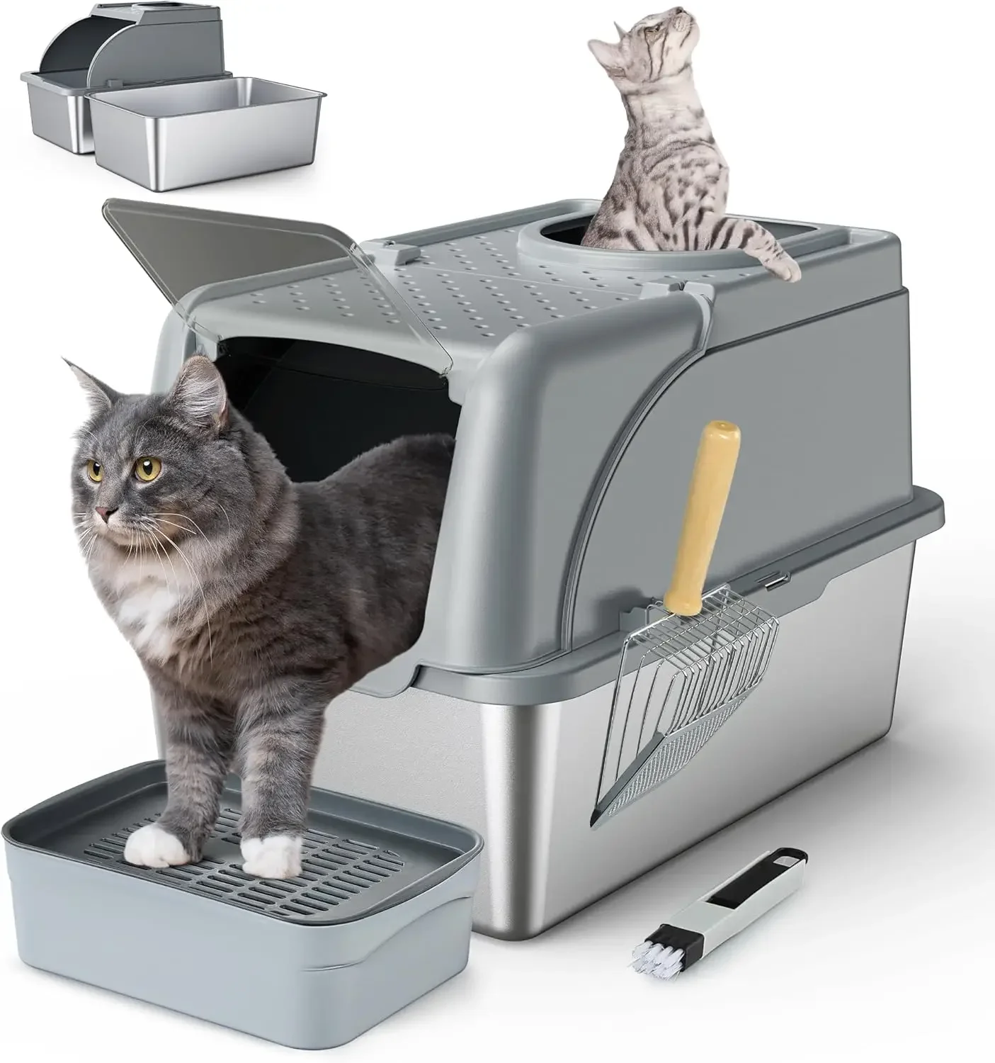 Stainless Steel Cat Litter Box Dual Entrance XXL Large Box,Metal Litter Box with Flip Door, 16.6” High Wall& Scoop