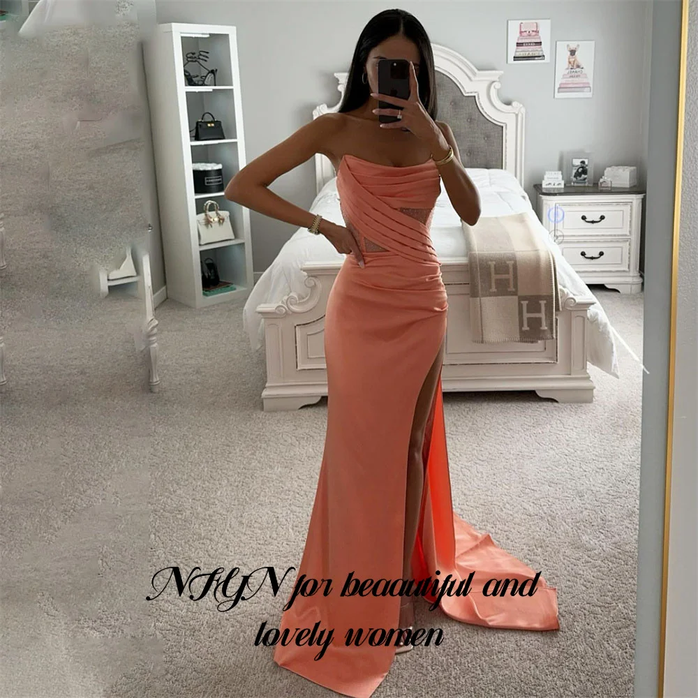 

RFYR Orange Woman Evening Dress Gown Mermaid Sexy Pleat O-Neck Night Dress Gown with High Side Split robes de soirée Customized