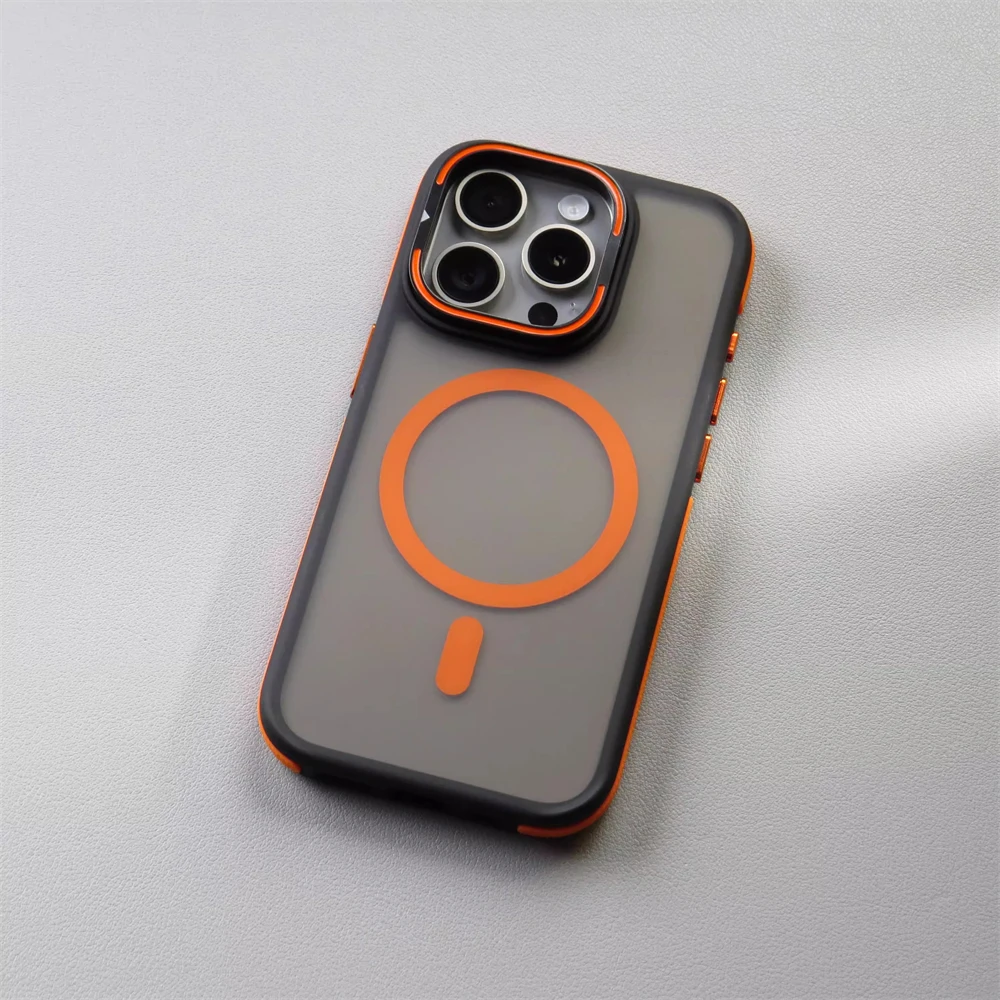 Alloy Lens Stand Non-Slip Matte Case For iPhone 17 16 Pro Max 15 14 13 12 Pro 17Air Magsafe Magnetic Wireless Charge Armor Cover