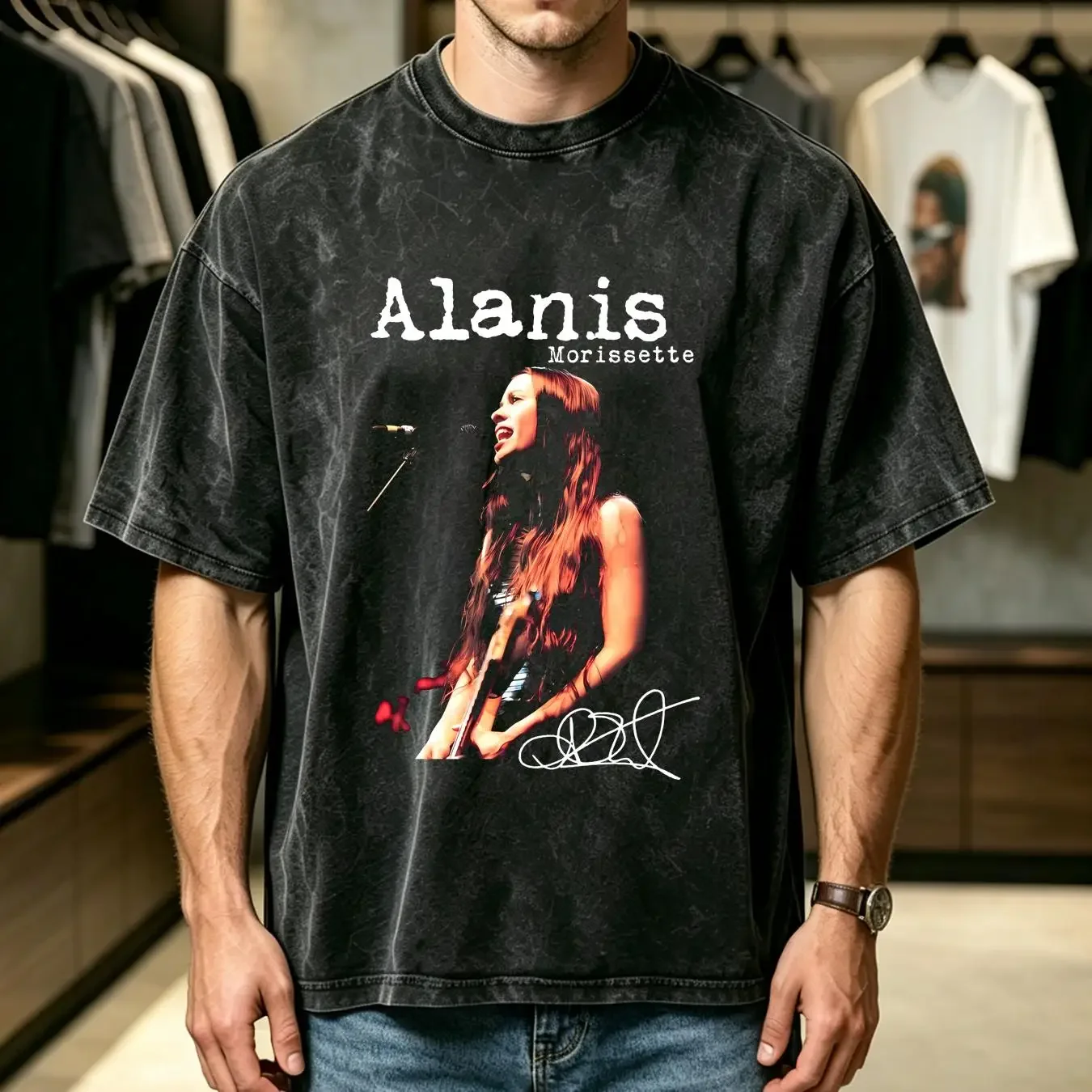 washed T Shirt Alanis Morissette Tour Signature Cotton Black vintage Washed Unisex designer clothes Slightly Stretched