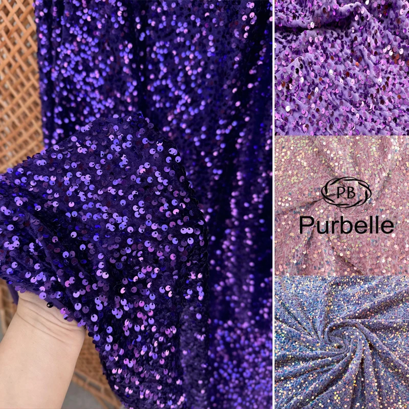 Purple 2-way Stretch Sequins Velvet Fabric Spandex Velour Apparel, Costume, Events, Decoration,Dance Wear DIY Sewing Material