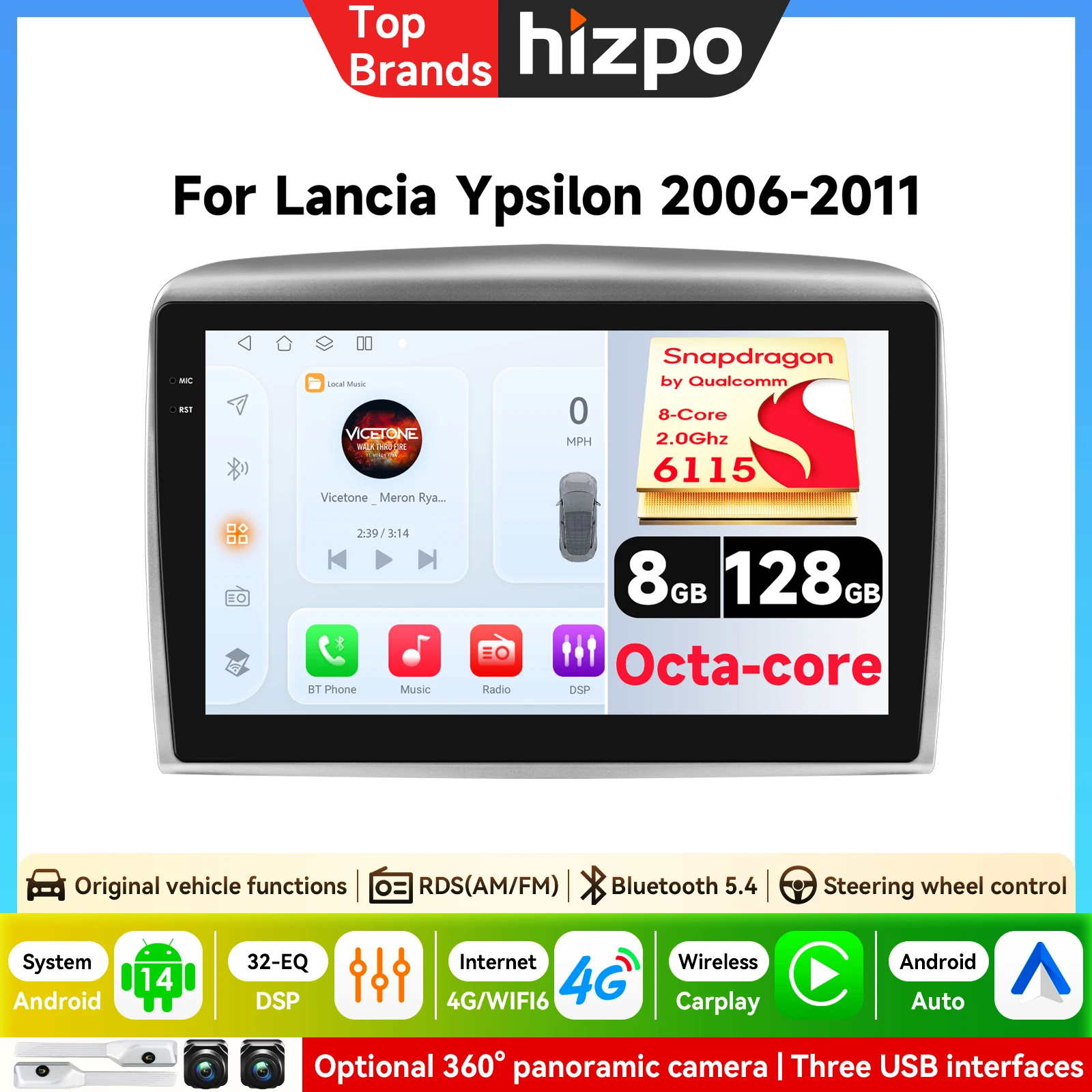 Auto-Videoplayer für Lancia Ypsilon 2006 - 2011 Autoradio Multimedia-Player GPS Carplay Android Auto Touchscreen WLAN