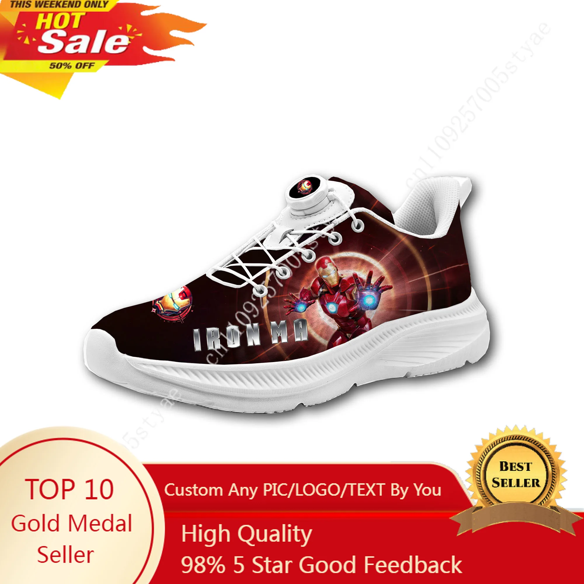

Marvel Iron Man Casual Hiking Shoes Mens Womens Laceless Rotating Button Sports Shoes lightweight Custom Sneaker