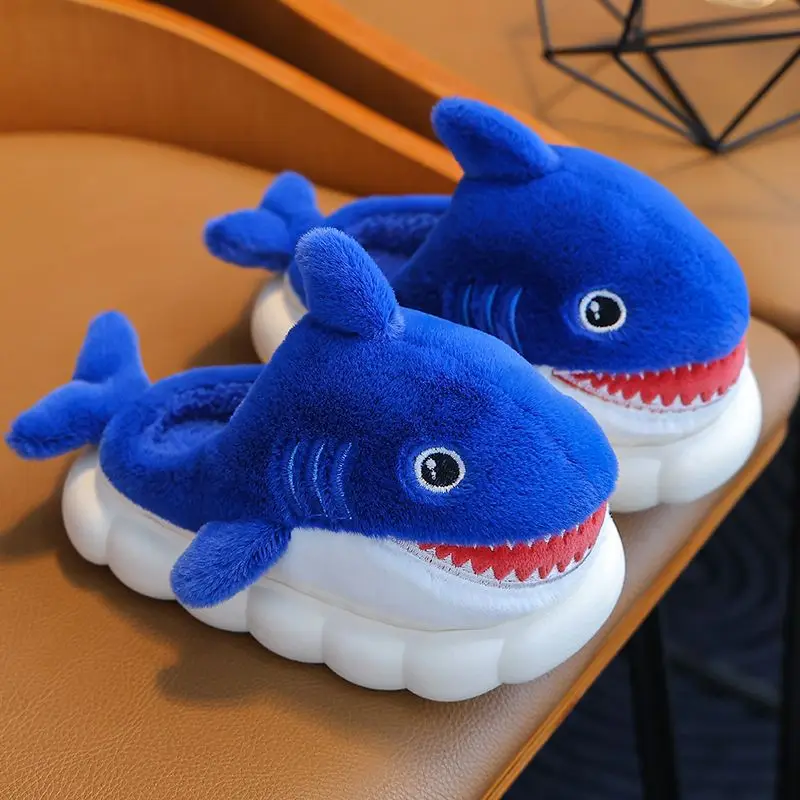 Newest 2023 Cute Shark Slippers Kids Shoes Boys Comfy Home Fluffy Slides Babi Cartoon Animal Fur Shoes EVA Cloud Platform