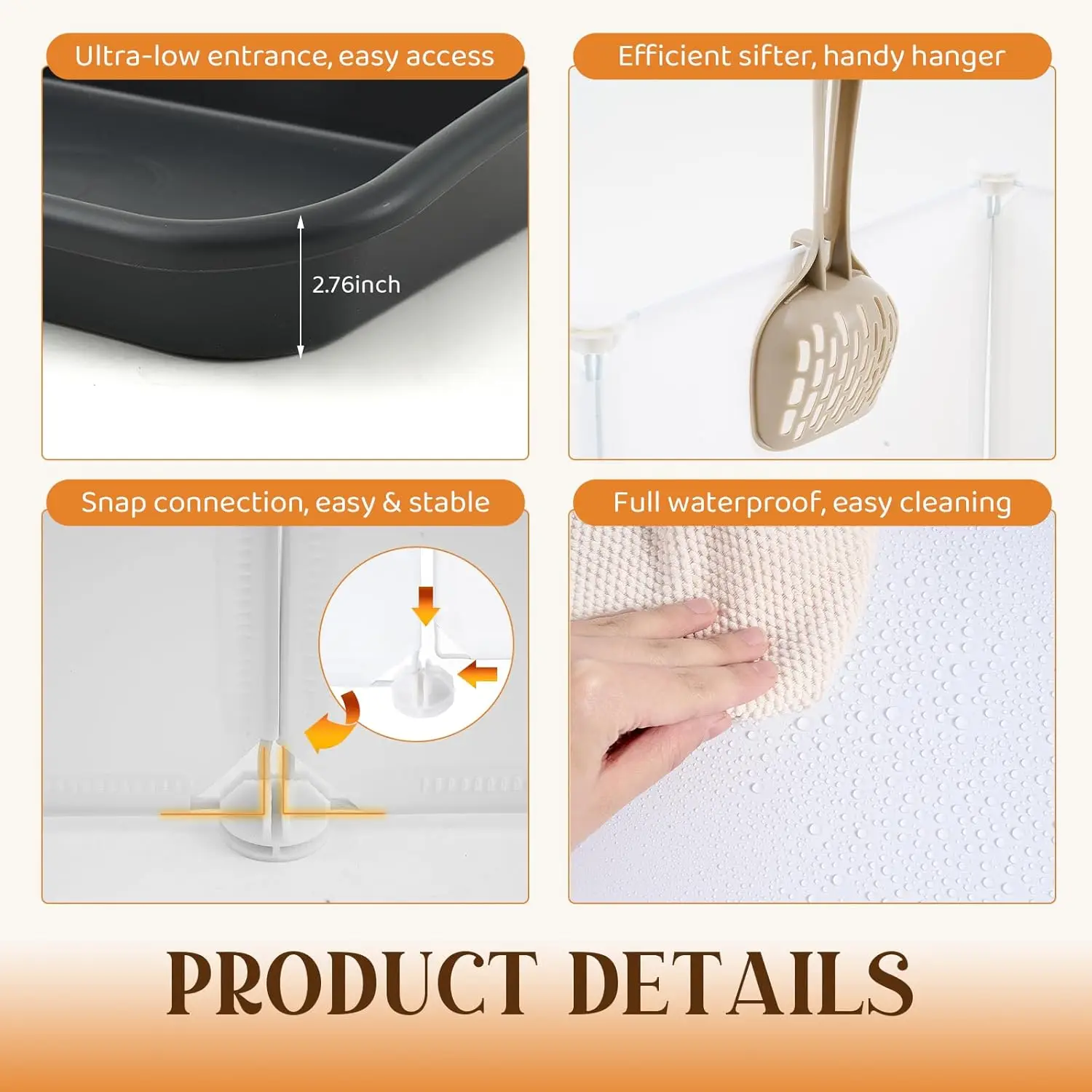 4 in 1 Low Entry Cat Litter Box with Shield, Cover, Splash Guard & Scoop for Senior, Disabled Cats