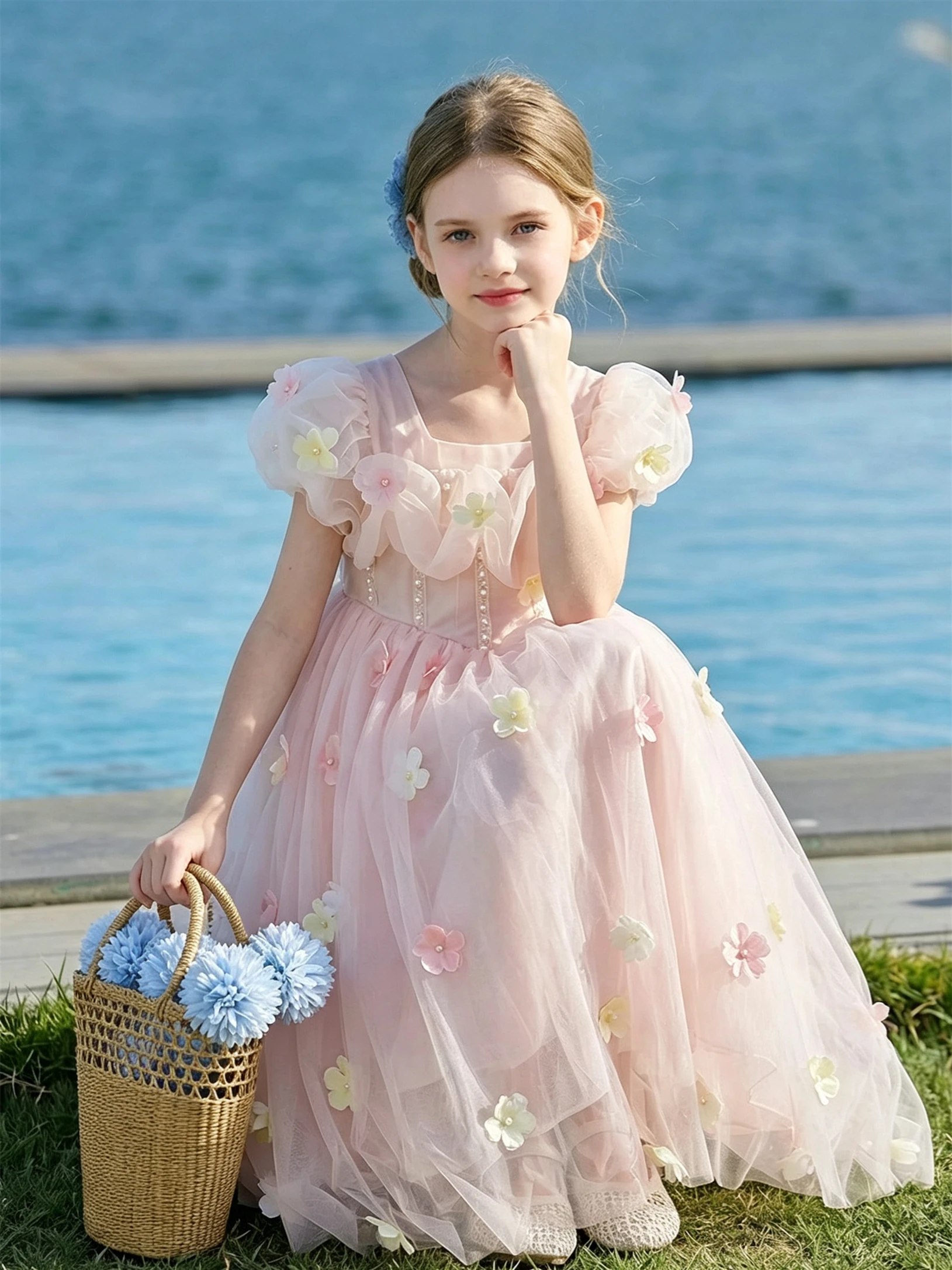 Customized Pink Flower Girl Dress For Wedding Appliques Short Sleeve High Waist Kids Birthday Party First Communion Gown