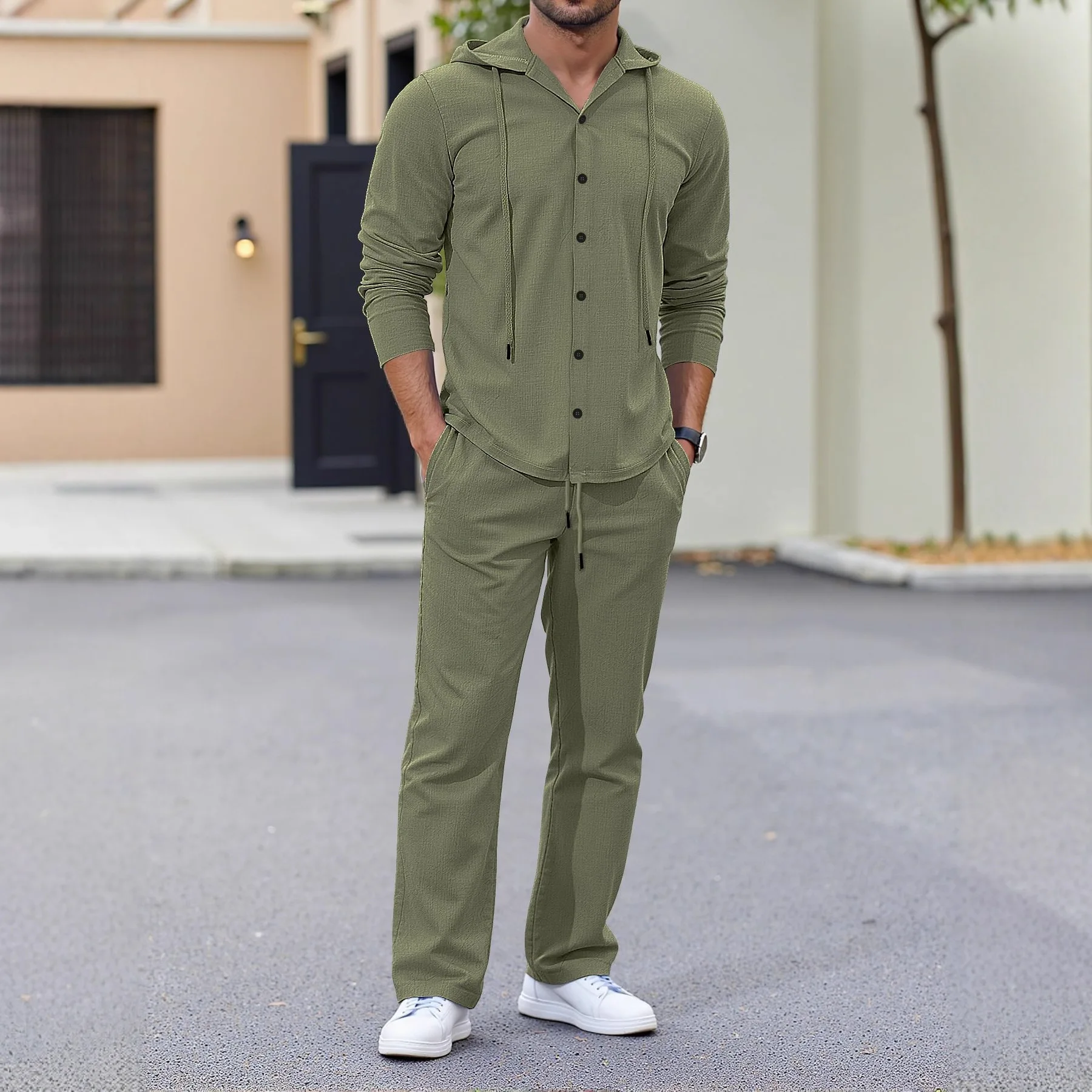 

2026 Spring and Autumn Men's Suit Loose Linen Hooded Long Sleeve Buttoned Shirt Trousers Casual Suit Men's Suit