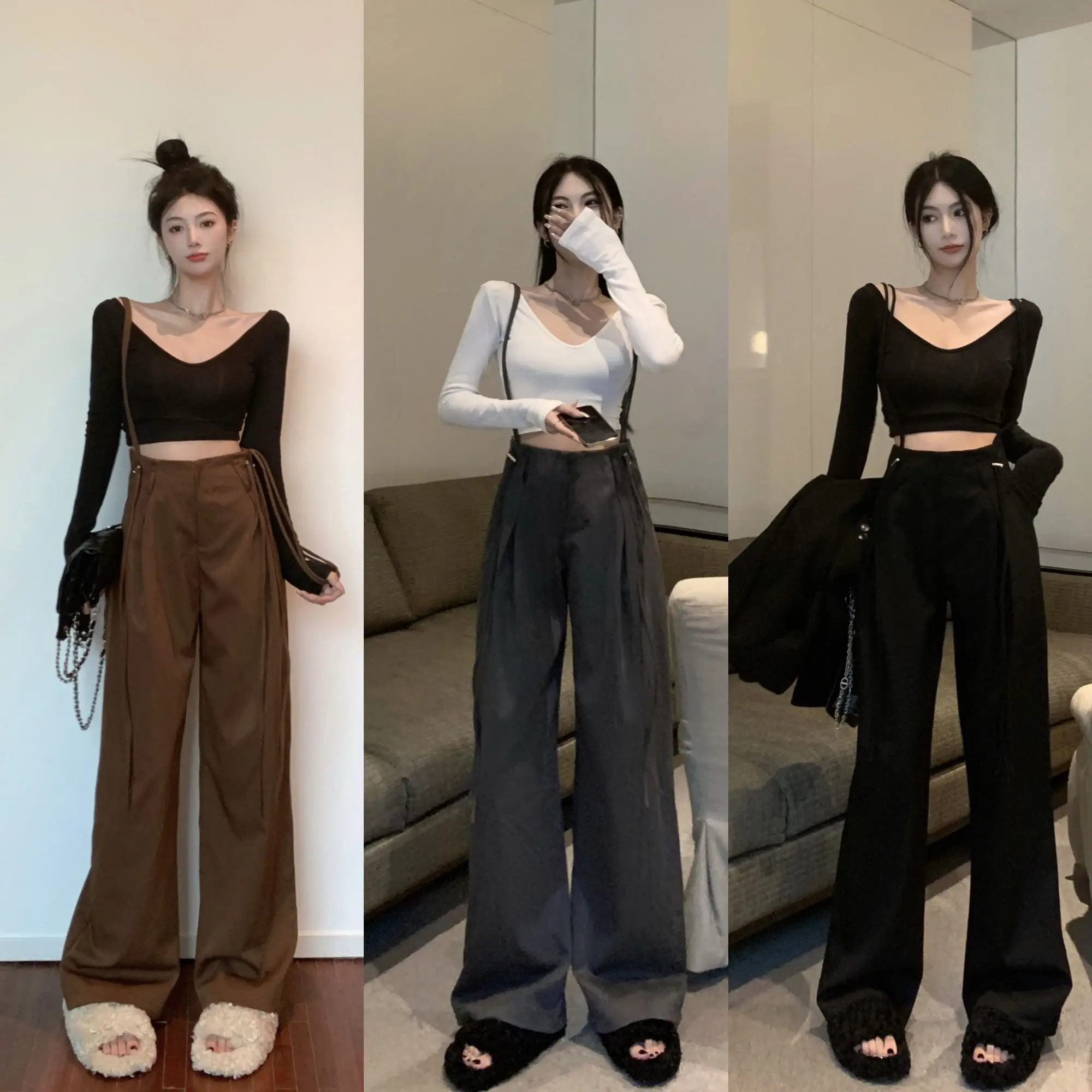 Strap Casual Pants Women's Autumn 2022 New Floor Pants High Waist Straight Trousers Slim Wide Leg Pants