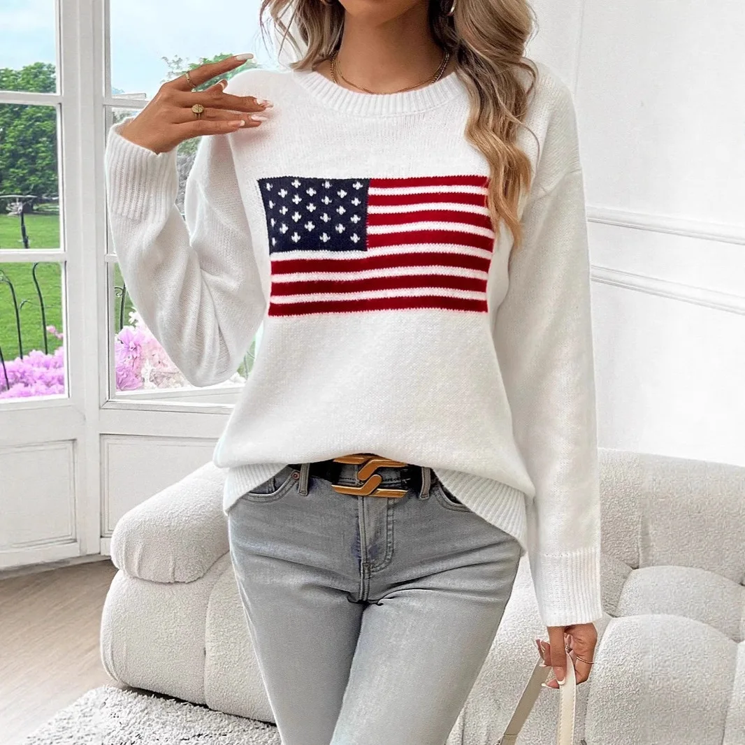 Lady Cloth Autumn/winter European Loose-fit Round-neck. American Flag Pattern Simple. Multifunctional Knit Sweater Top Woman Max