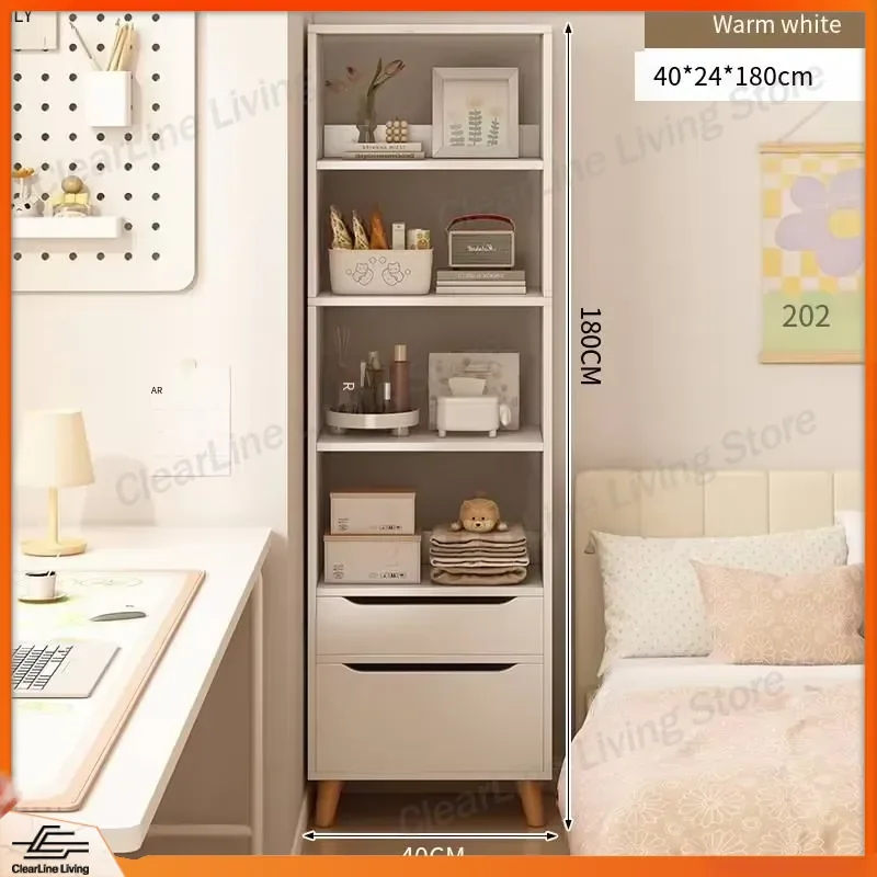 Modern Wooden Narrow Shelf with 2 Drawers and 4 Open Display Shelves Eco Friendly Storage Cabinet for Living Room Bedroom