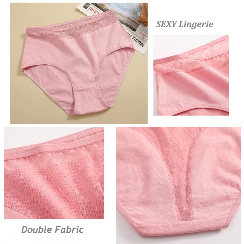 Women Cotton Panties Sexy Lace Splicing Underwear S-3XL Plus Size Mid Rise Briefs Transparent Underpants Breathable Lingerie