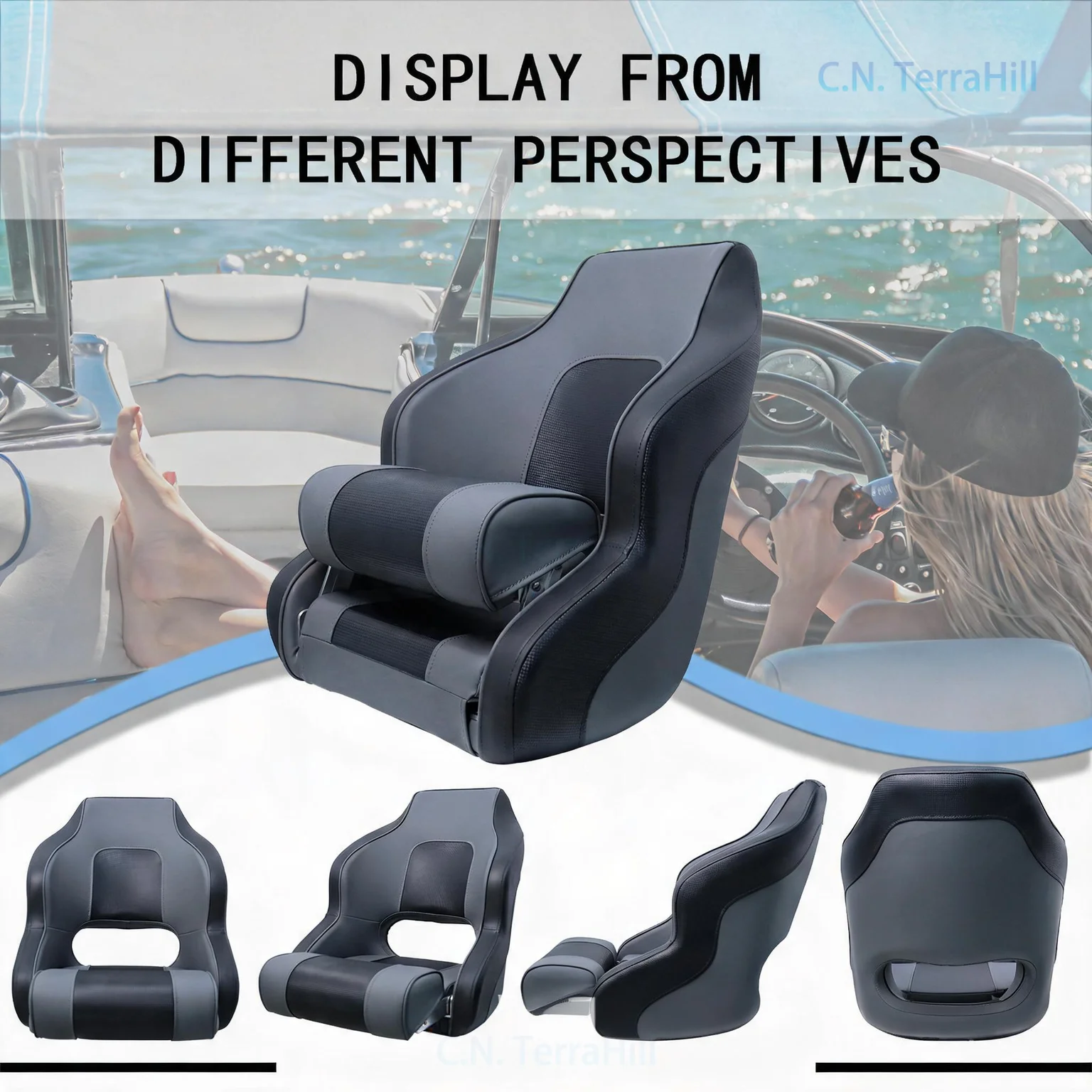 Waterproof PVC Leather Boat Chair with Leg Rest Marine Boat Seat for Boating Fishing Yacht 86575-6GB