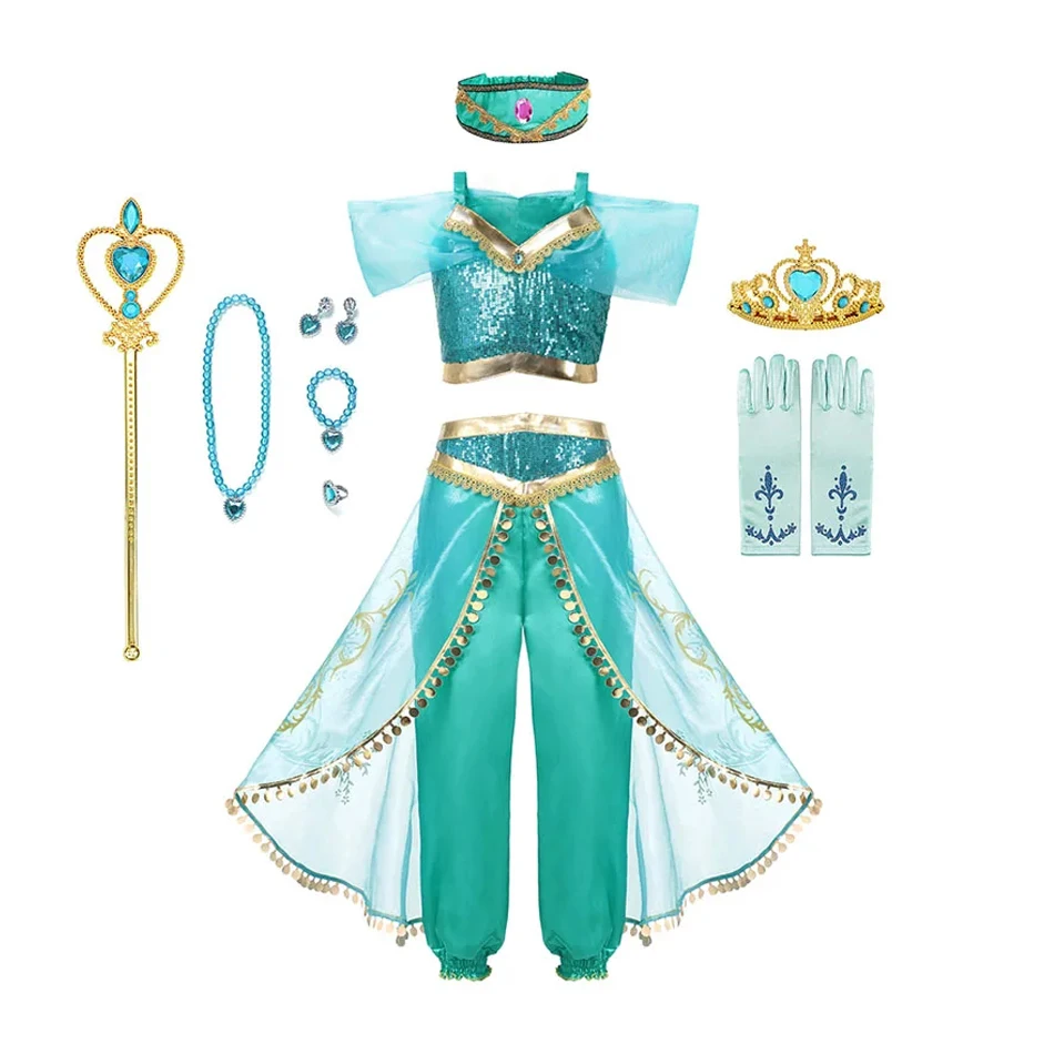 Jasmine Princess Dress Princess Dress Up Of Aladdin The Magic Lamp Costume Girls Birthday Party Halloween Fantasy Top Pants