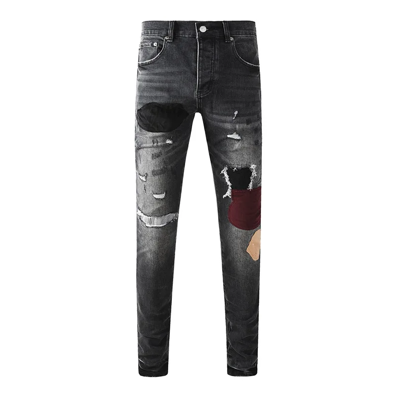 

High Street Men Black Gray Distressed Stretch Skinny Destroyed Holes Patchworks Button Fly Ripped Jeans