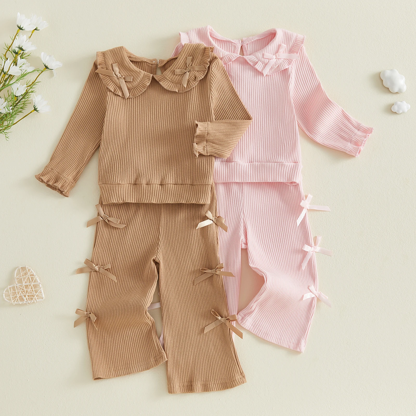 1-4Y Toddler Baby Girls Fall Outfit Bow Decor Long Sleeve Sweatshirt with Pants Sweet Children's Girls Autumn Sets