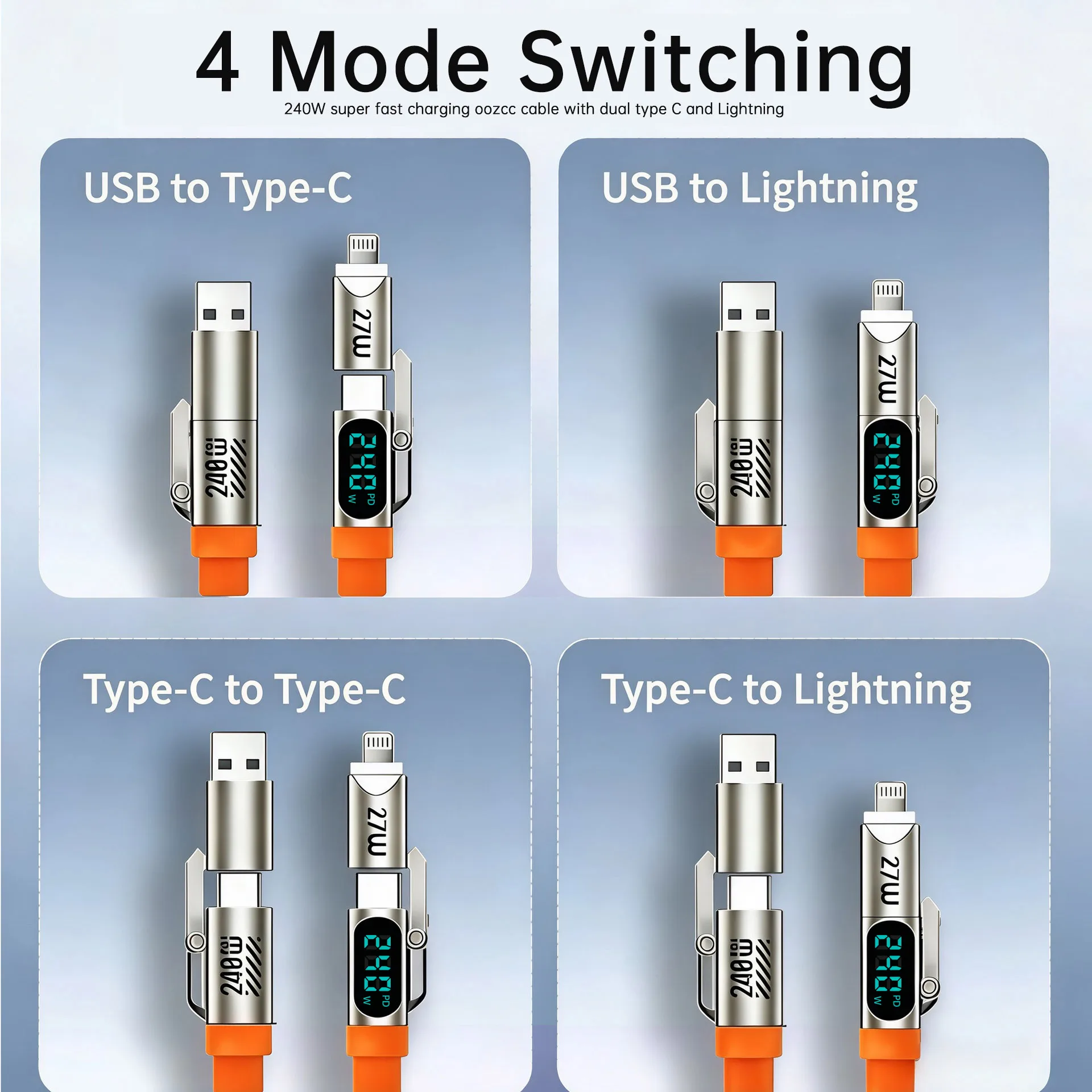 240W LCD Dynamic Display Fast Charging Cable 4 in 1 Coiled, Type C Retractable Car Cable for iPhone 8-17 Samsung Galaxy S25/S24
