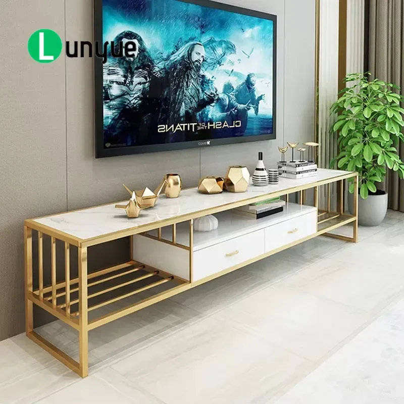 Luxury White Modern Metal Marble TV Cabinet Stand for Living Room Bedroom Hotel Furniture Storage Console Table Home Decor