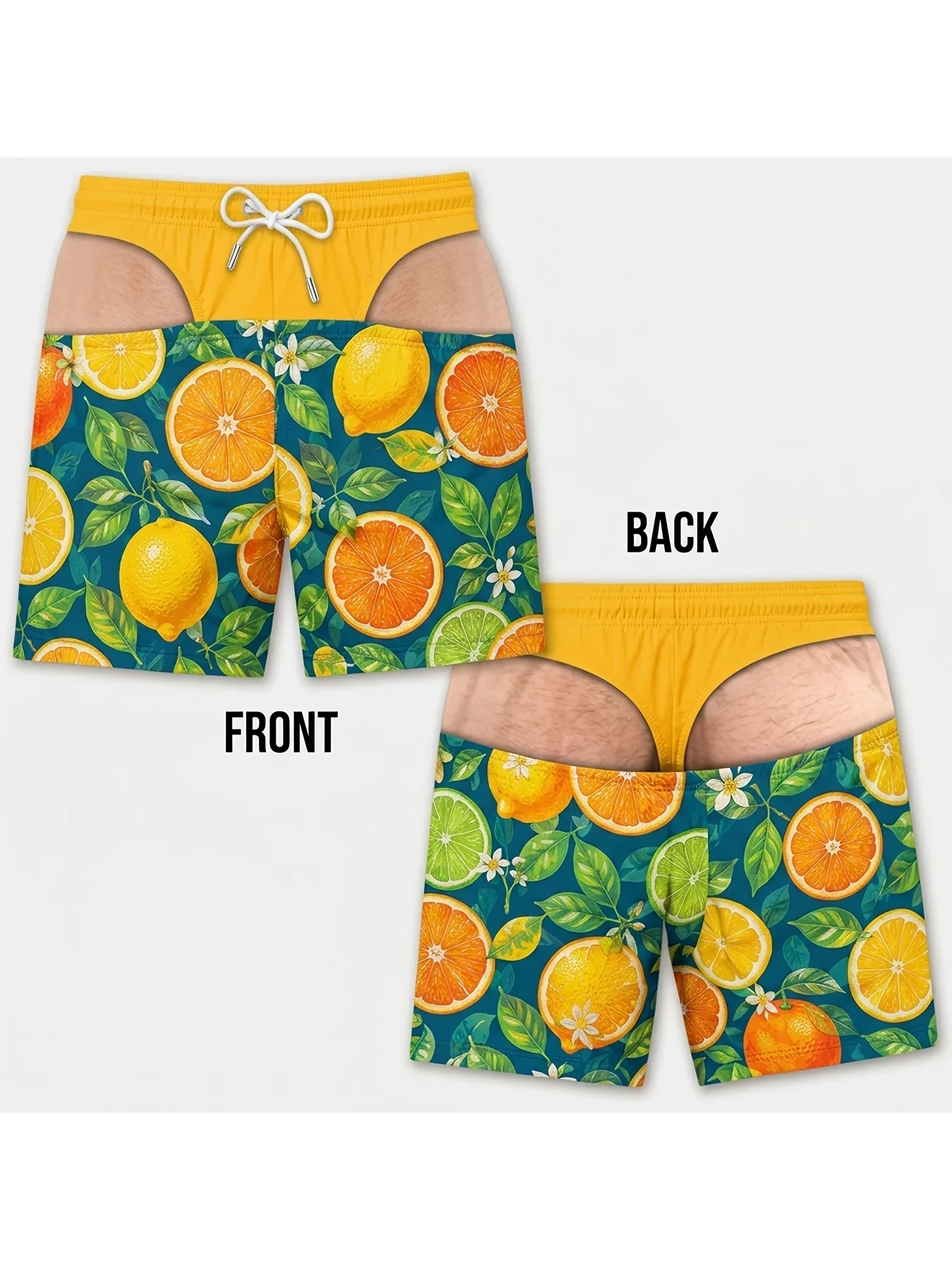 Novelty Fake Ripped Mens Swim Shorts Tropical Citrus Fruit Pattern Visual Deception Summer Beach Board Shorts