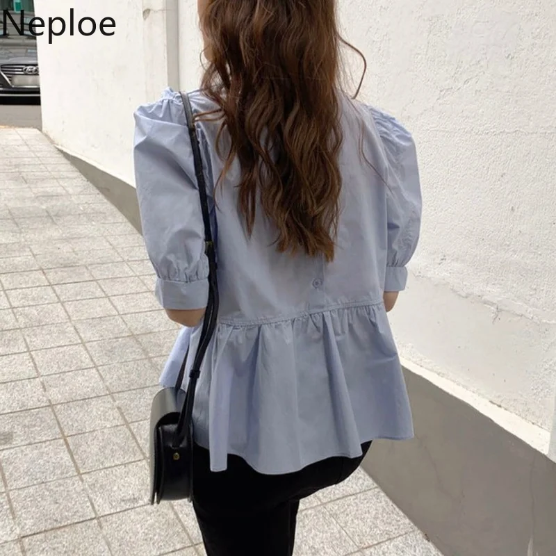 Neploe Korean Sweet Fluffy Ruffle Blouse Women Vintage Puff Sleeve Temperament Shirts Fashion O Neck Simple Loose All-match Tops