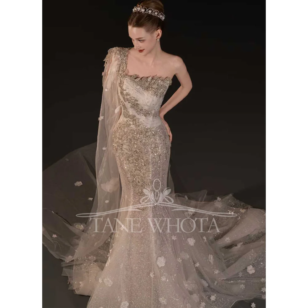Sexy One-Shoulder Beaded Crystal Sequined Wedding Dress Customized Fit Sheath Gown For Women