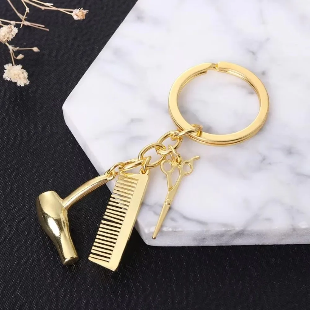 Fashion Accessory Mini Comb Barber Keychain Hair Dryer Hanging Ornament Key Chain Metal Car Key Holder For Men Women