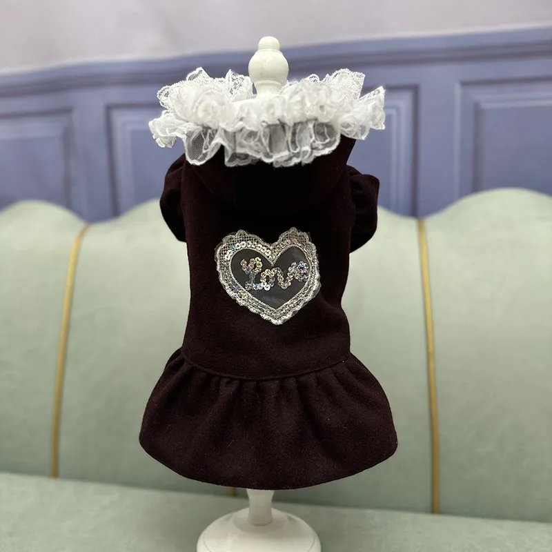 Handmade Original Dog Clothes Pet Supplies Deep Purple Wool Coat Dress Simple Design Lady One Piece Style Lace Collar Outwear