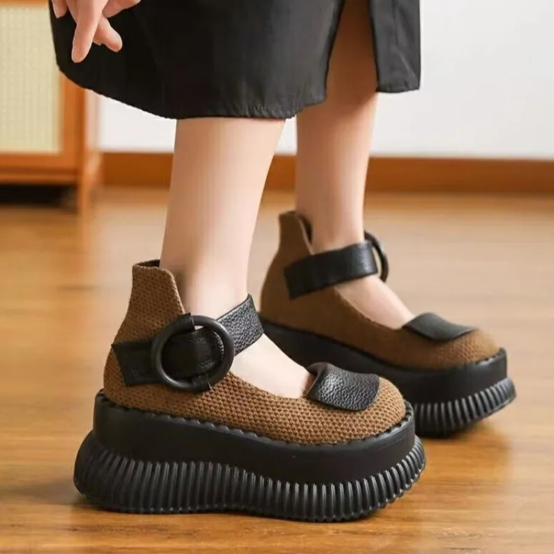 Summer New Women's Thick soled Slope Heel buckle Shoes Fashiona Outdoor Anti-slip Platform Retro Height Increasing Women's Shoes