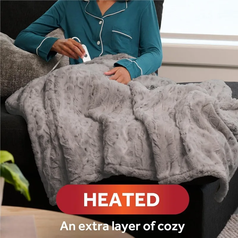 Electric Throw Royal Faux Fur Heated Blanket, 4 Heat Settings, 4-Hour Auto Shut-Off, Fast Heating, Rich and Ultra Silky