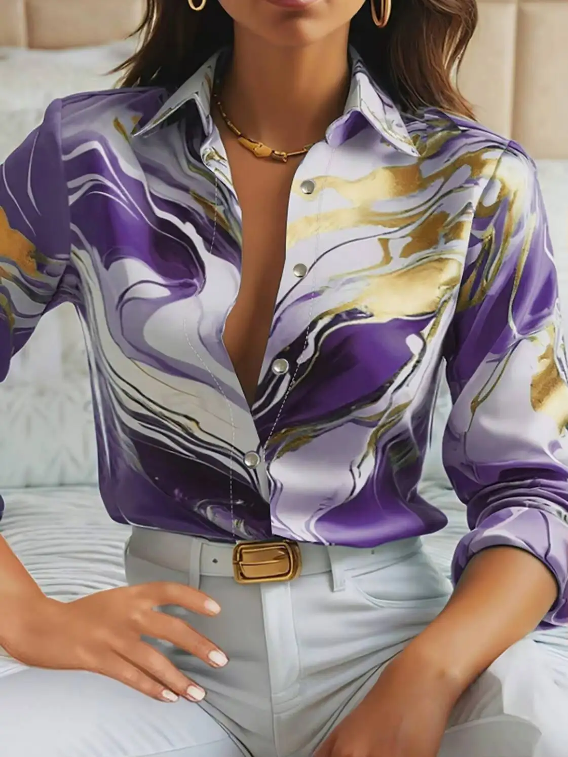 

Women's Blouse Spring Summer Purple Gold Marble Print Collar Front Button Long Sleeve Satin Luxury Elegant Daily Office Top